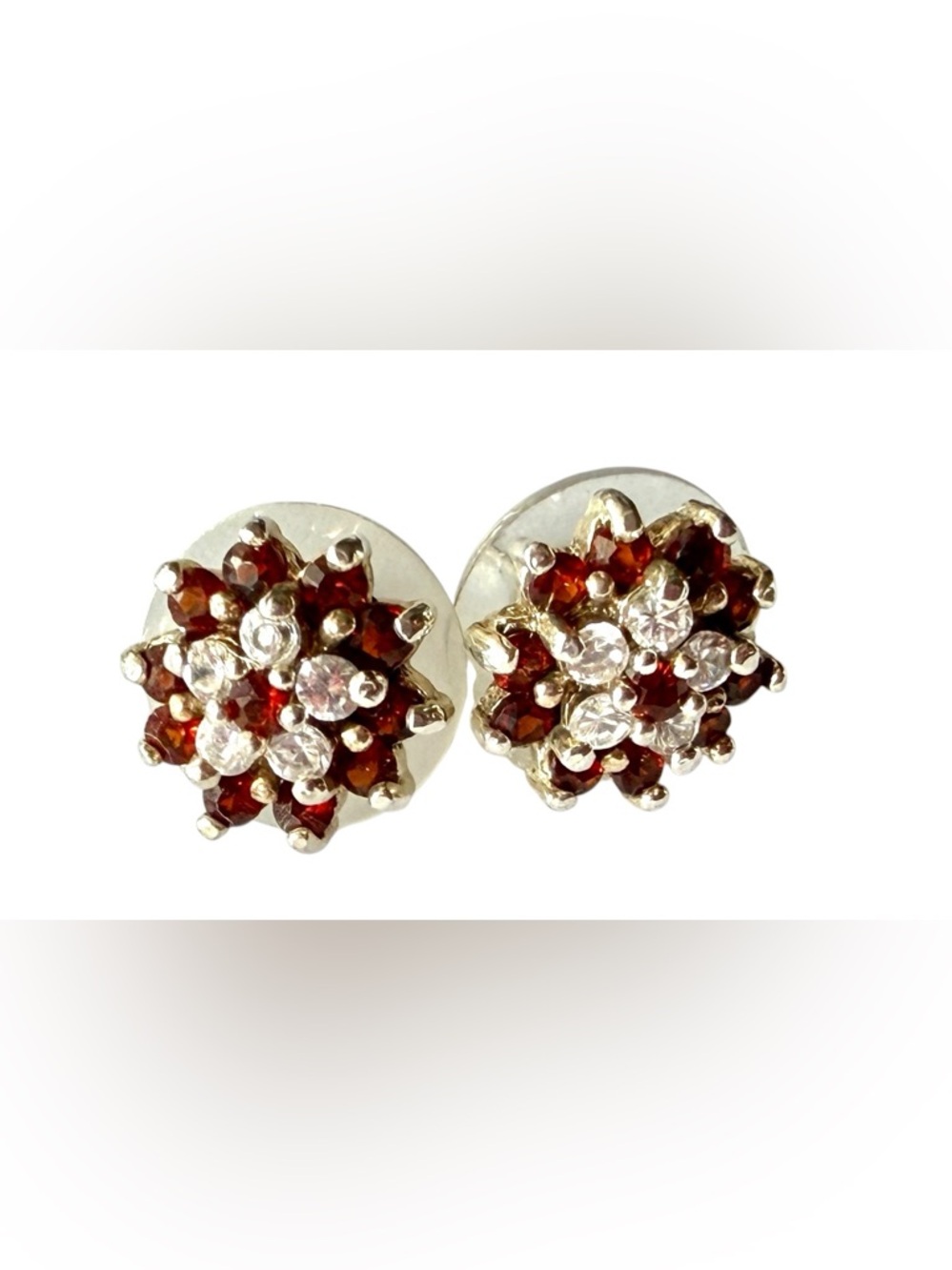 925 Sterling Silver Garnet & White Topaz Pierced Earrings Vintage - Picture 6 of 8